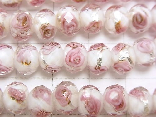 Lampwork Beads Faceted Button Roundel 8x8x6mm with rose pattern [white x silver] half or 1strand beads (aprx.11inch / 28cm)