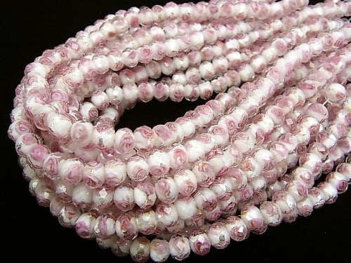 Lampwork Beads Faceted Button Roundel 8x8x6mm with rose pattern [white x silver] half or 1strand beads (aprx.11inch / 28cm)