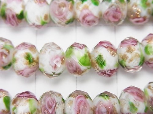 Lampwork Beads Faceted Button Roundel 8x8x6mm with rose pattern [white] half or 1strand beads (aprx.11inch / 28cm)
