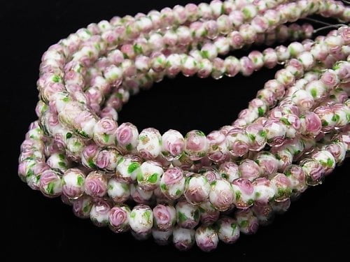 Lampwork Beads Faceted Button Roundel 8x8x6mm with rose pattern [white] half or 1strand beads (aprx.11inch / 28cm)
