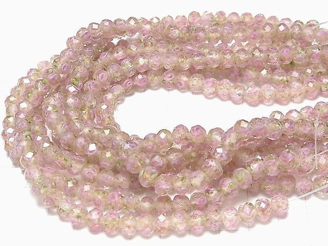 [Video] Lampwork Beads Faceted Button Roundel 8x8x6mm with rose pattern [pink] half or 1strand beads (aprx.11inch / 27cm)