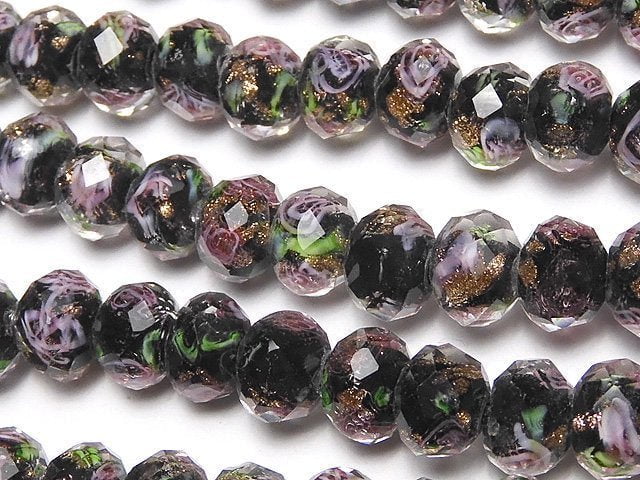 [Video] Lampwork Beads Faceted Button Roundel 8x8x6mm with rose pattern [Black] half or 1strand beads (aprx.11inch / 27cm)