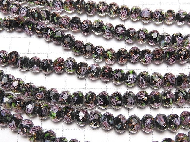 [Video] Lampwork Beads Faceted Button Roundel 8x8x6mm with rose pattern [Black] half or 1strand beads (aprx.11inch / 27cm)