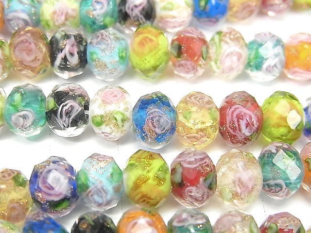 [Video] Lampwork Beads Faceted Button Roundel 8x8x6mm with rose pattern [Multicolor] half or 1strand beads (aprx.11inch / 27cm)