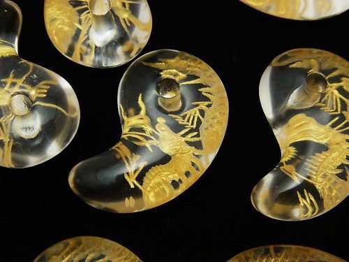 [Video]Golden! Dragon (Four Divine Beasts ) Carved! Crystal Comma Shaped Bead 30x20x10mm 1pc