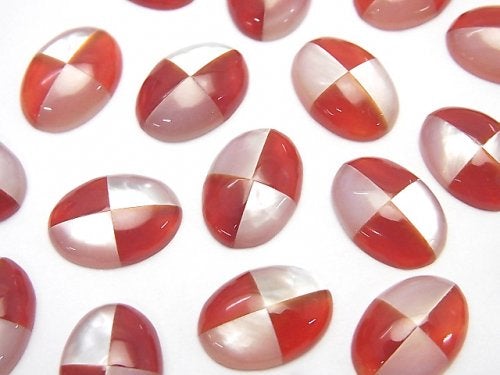 White Shell x Red Agate (Intarsia) Oval Cabochon 14x10mm 1pc