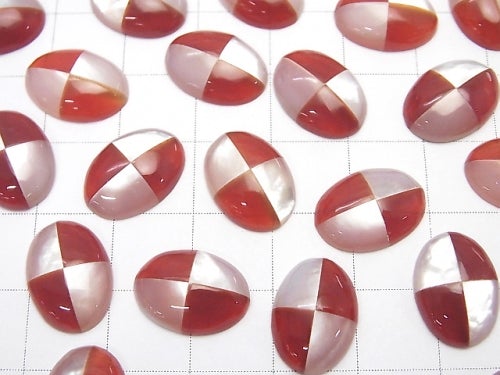 White Shell x Red Agate (Intarsia) Oval Cabochon 14x10mm 1pc
