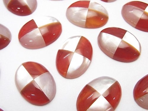 White Shell x Red Agate (Intarsia) Oval Cabochon 18x13mm 1pc