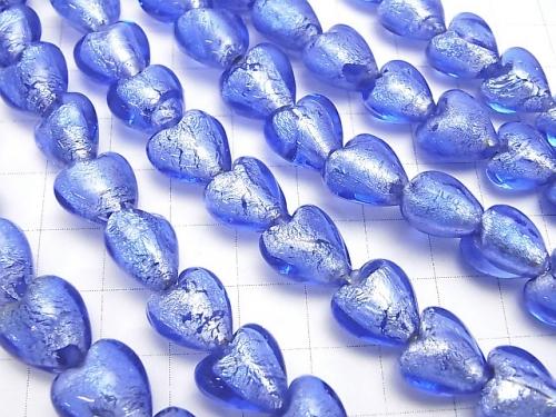 [Video] Lampwork Beads Vertical Hole Heart 12x12x8mm [Silver Foil x Blue] 1strand beads (aprx.13inch/33cm)