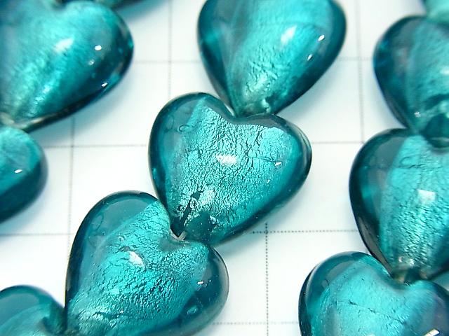 Lampwork Beads Vertical Hole Heart 15x15x10mm [Silver Foil x Blue Green] half or 1strand (aprx.13inch / 31cm)