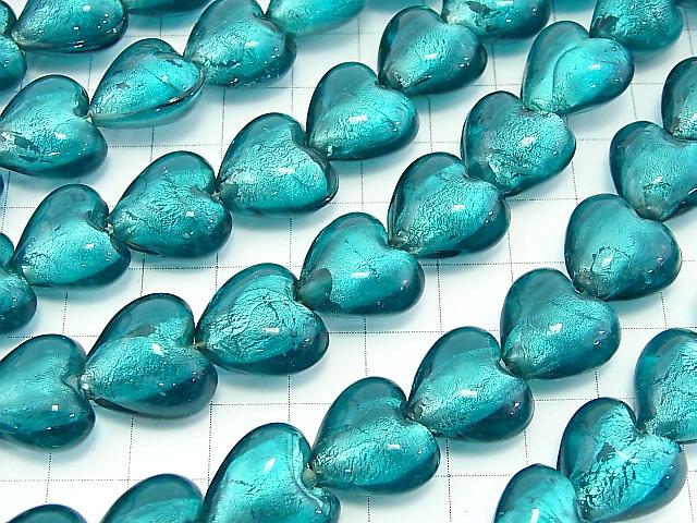 Lampwork Beads Vertical Hole Heart 15x15x10mm [Silver Foil x Blue Green] half or 1strand (aprx.13inch / 31cm)