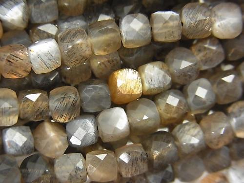 High Quality! Silver & Golden Sheen Gray Moon Stone AAA Cube Shape 4x4x4mm half or 1strand (aprx.15inch / 36cm)