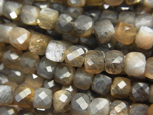 High Quality! Silver & Golden Sheen Gray Moon Stone AAA Cube Shape 5x5x5mm half or 1strand (aprx.15inch / 36cm)