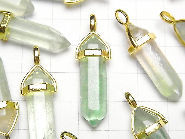 [Video] Green Fluorite AA+ Double Point Pendant 32x8x8mm Gold color 3pcs