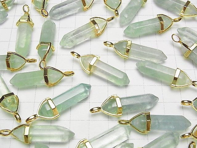 [Video] Green Fluorite AA+ Double Point Pendant 32x8x8mm Gold color 3pcs