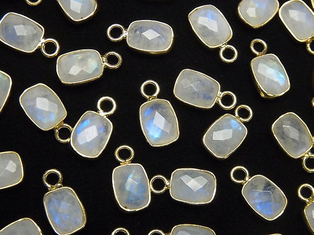 [Video] Rainbow Moonstone AA++ Bezel Setting Faceted Rectangle 9x7mm [One Side ] 18KGP 4pcs