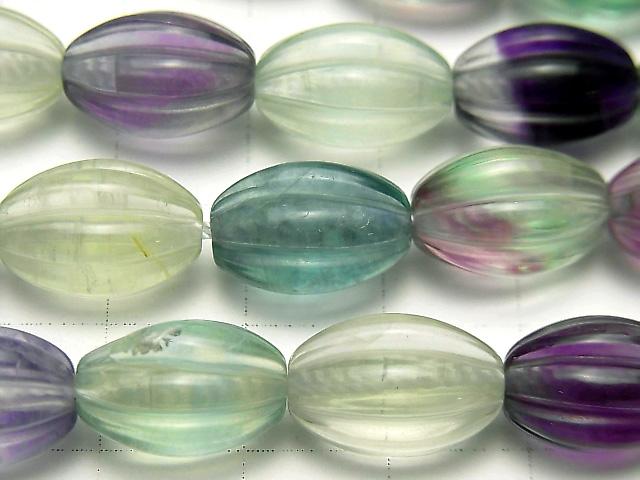 [Video] Multicolor Fluorite AAA- Line Carved Rice 15x10mm half or 1strand beads (aprx.15inch / 37cm)