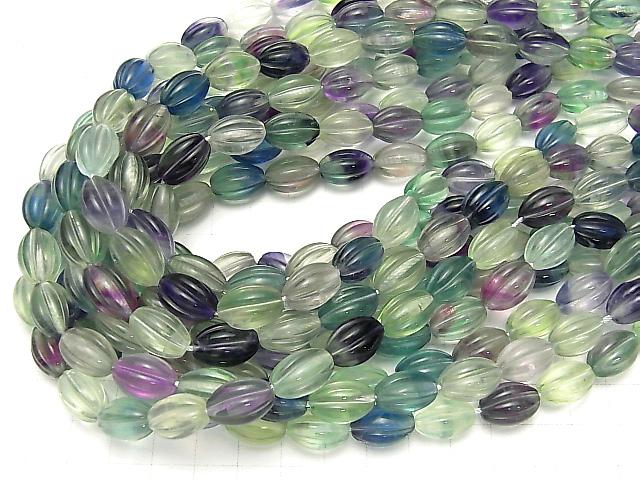 [Video] Multicolor Fluorite AAA- Line Carved Rice 15x10mm half or 1strand beads (aprx.15inch / 37cm)