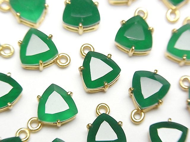 [Video]High Quality Green Onyx AAA Bezel Setting Triangle Faceted 9x8mm 18KGP 2pcs