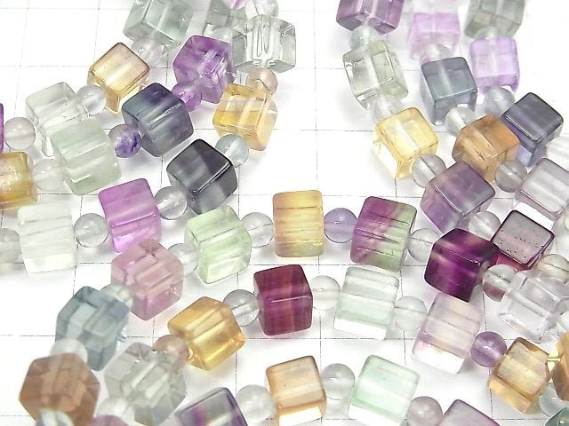 [Video] Multicolor Fluorite AAA Cube 6mm & Round 4mm Bracelet
