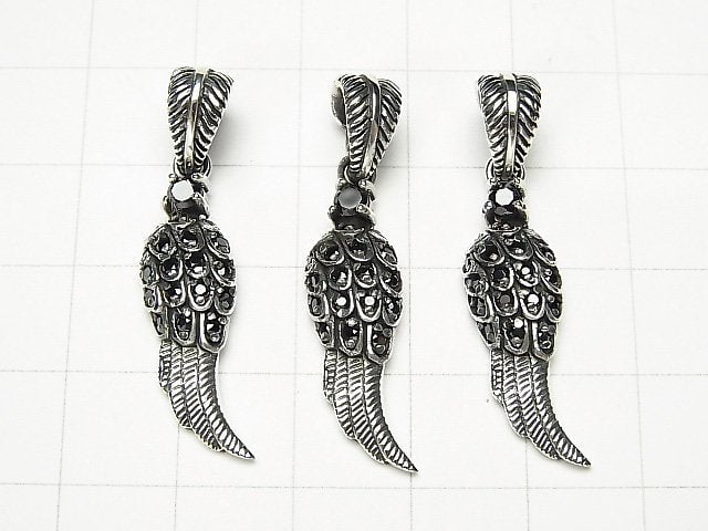 Silver925 Feather Pendant with CZ 25x8x3.5mm [Black] 1pc