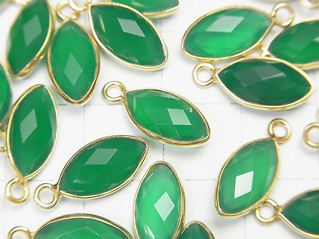 [Video]High Quality Green Onyx AAA Bezel Setting Faceted Marquise 13x7mm 18KGP 3pcs