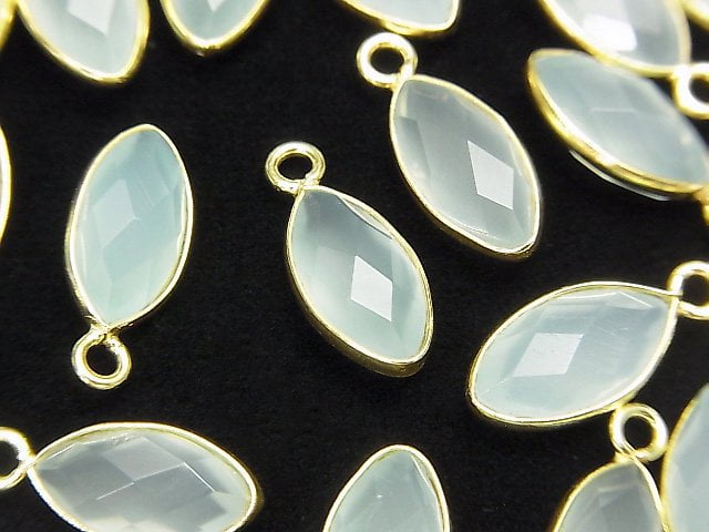 [Video] High Quality Sea Blue Chalcedony AAA Bezel Setting Faceted Marquise 13x7mm 18KGP 3pcs