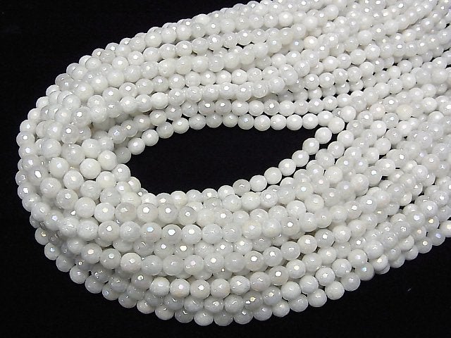 [Video] White Jade 128Faceted Round 6mm coating 1strand beads (aprx.15inch / 36cm)