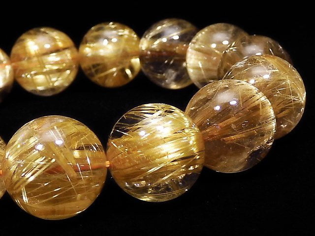 [Video][One of a kind] Top Quality Golden Rutilated Quartz AAAA Round 14mm Bracelet NO.100