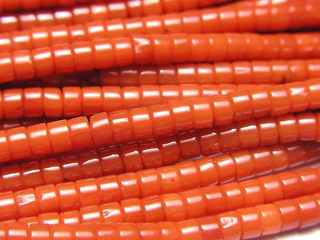 [Video] Red Coral (Dyed) Roundel (Heishi) 3x3x2mm 1strand beads (aprx.15inch / 38cm)