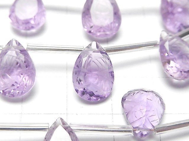 [Video]High Quality Amethyst AAA- Carved Pear shape Faceted 14x10mm 1strand (6pcs )