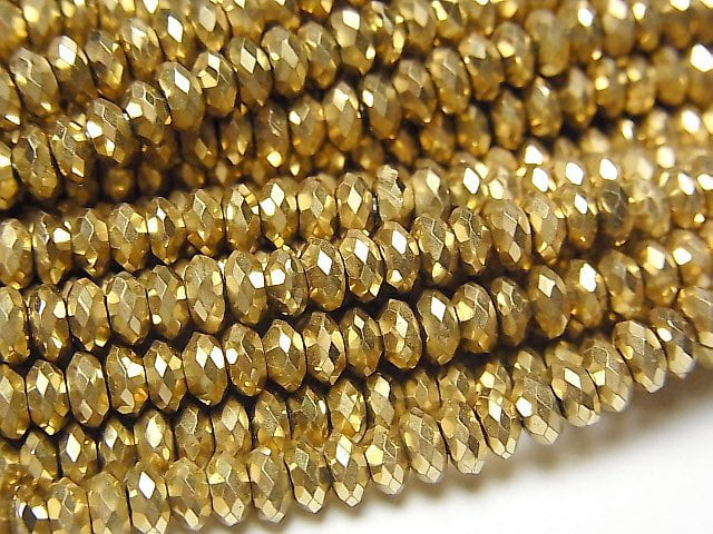 [Video] High Quality! Hematite Faceted Button Roundel 4x4x2.5mm Gold Coating 1strand beads (aprx.15inch / 37cm)