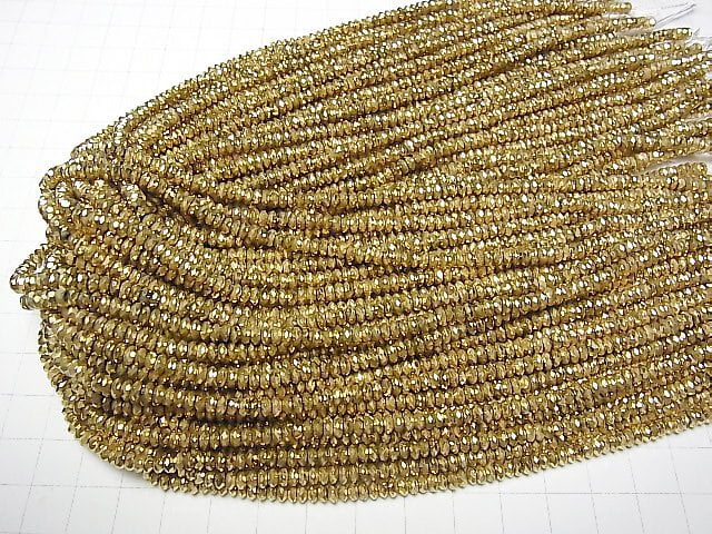 [Video] High Quality! Hematite Faceted Button Roundel 4x4x2.5mm Gold Coating 1strand beads (aprx.15inch / 37cm)