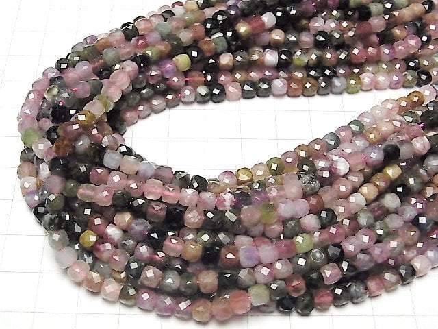 [Video] High Quality! Multicolor Tourmaline AA+ Cube Shape 4x4x4mm half or 1strand beads (aprx.15inch / 37cm)