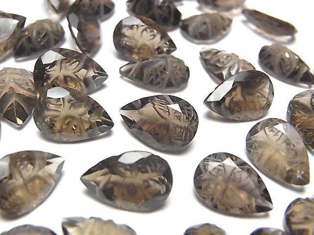 [Video] High Quality Smoky Quartz AAA Carved Pear shape Faceted 12x8mm 3pcs