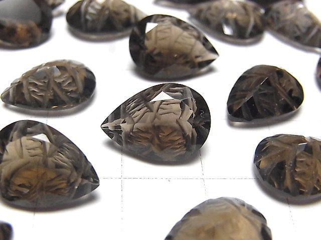[Video] High Quality Smoky Quartz AAA Carved Pear shape Faceted 14x10mm 2pcs