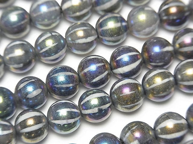 [Video] Line Carved Metallic Color Agate Round 8mm AB Coating [Dark Color] 1strand beads (aprx.14inch / 35cm)