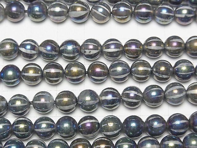[Video] Line Carved Metallic Color Agate Round 8mm AB Coating [Dark Color] 1strand beads (aprx.14inch / 35cm)