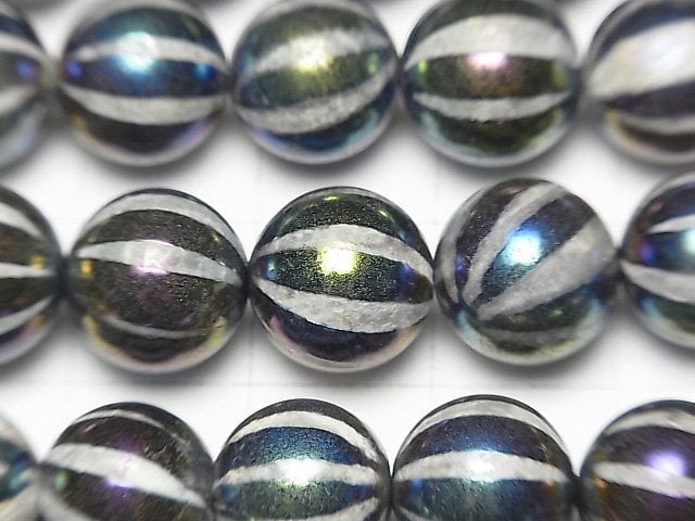 [Video] Line Carved Metallic Color Agate Round 10mm AB Coating 1strand beads (aprx.15inch / 36cm)