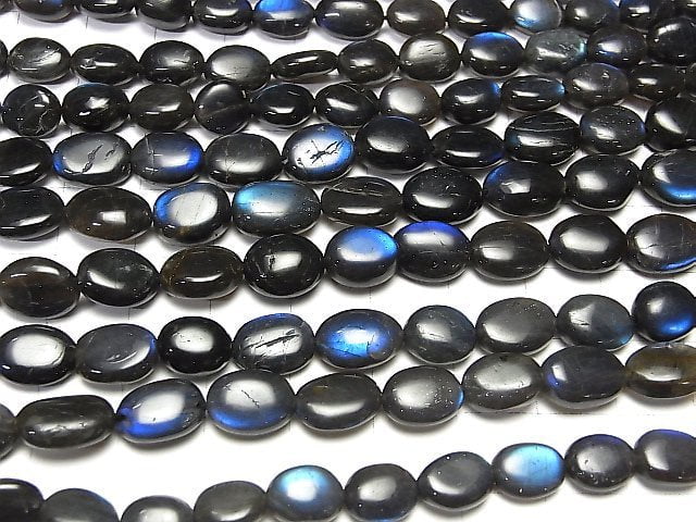 [Video] High Quality Black Labradorite AA++ Oval-Flat Nugget half or 1strand beads (aprx.13inch / 32cm)