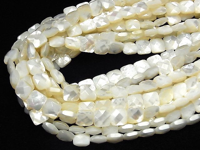 [Video] High Quality White Shell (Silver-lip Oyster) AAA Faceted Square 10x10mm 1/4 or 1strand beads (aprx.15inch / 37cm)