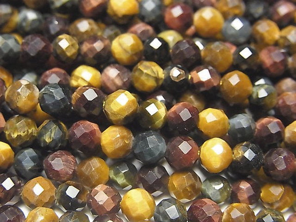 High Quality! Tiger's Eye AAA- 3 Color Mix 32Faceted Round 4mm 1strand beads (aprx.15inch / 37cm)