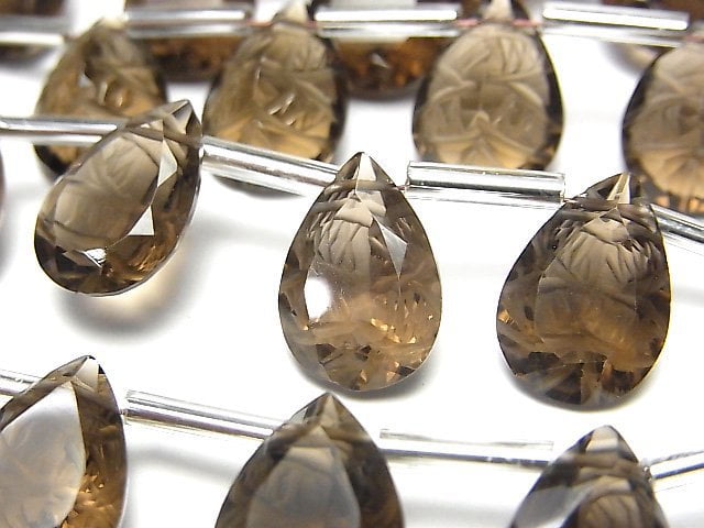 [Video]High Quality Smoky Quartz AAA Carved Pear shape Faceted 14x10mm 1strand (8pcs )