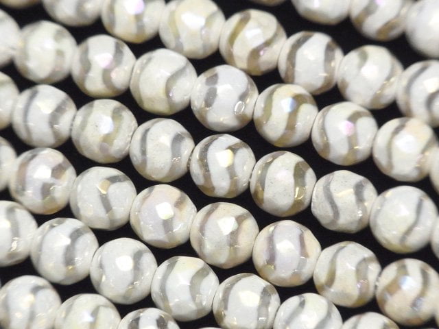 [Video] S-shaped Line Carved White color Agate Faceted Round 6mm AB Coating 1strand beads (aprx.14inch / 35cm)
