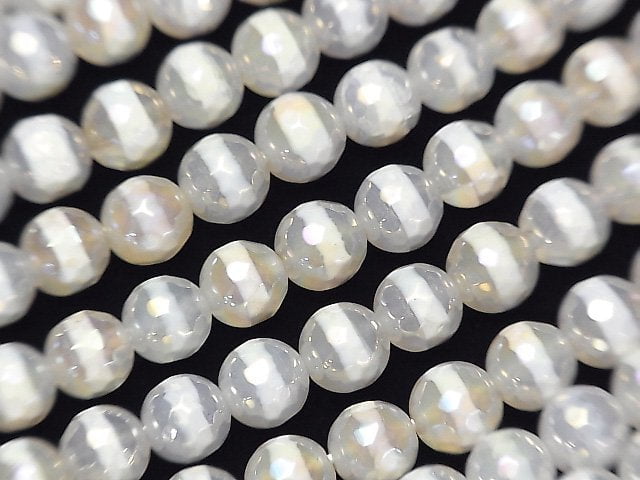 [Video] Line Carved White color Agate Faceted Round 6mm AB Coating 1strand beads (aprx.14inch / 35cm)