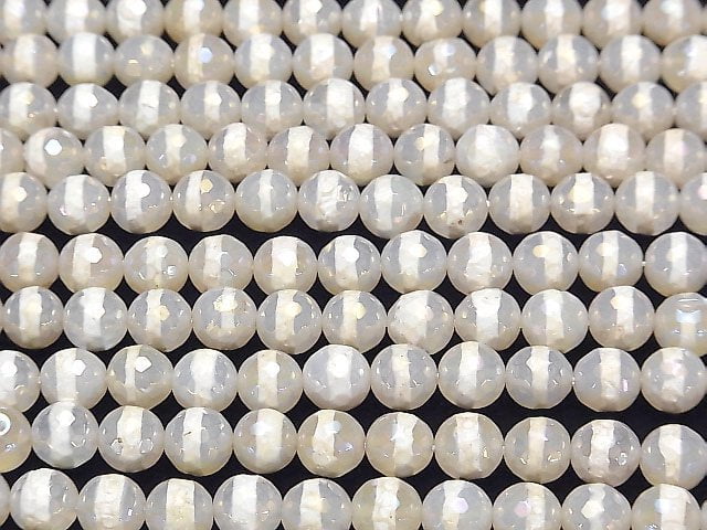 [Video] Line Carved White color Agate Faceted Round 8mm AB Coating 1strand beads (aprx.14inch / 35cm)