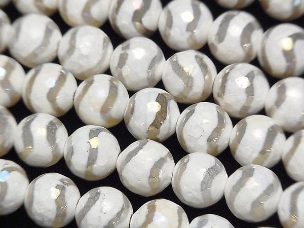 [Video] S-shaped Line Carved White color Agate Faceted Round 10mm AB Coating 1strand beads (aprx.15inch / 36cm)