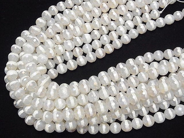 [Video] Line Carved White color Agate Faceted Round 10mm AB Coating 1strand beads (aprx.14inch / 35cm)