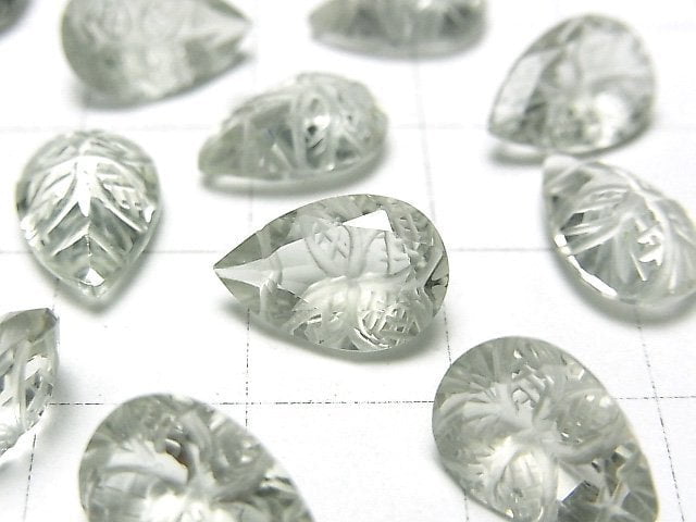 [Video] High Quality Green Amethyst AAA Carved Pear shape Faceted 12x8mm 3pcs