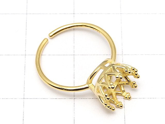 [Video] Silver925 Crown Ring Empty Frame (Claw Clasp) Round Faceted 8mm 18KGP Free Size 1pc